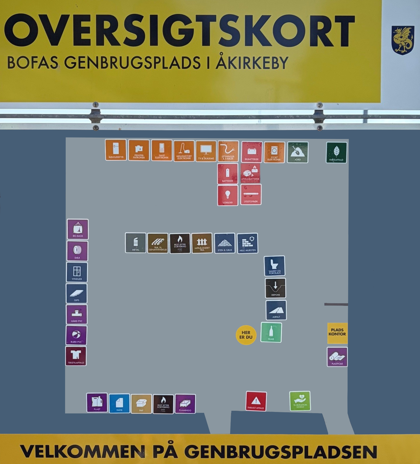 Aakirkeby genbrugsplads oversigtskort 2026